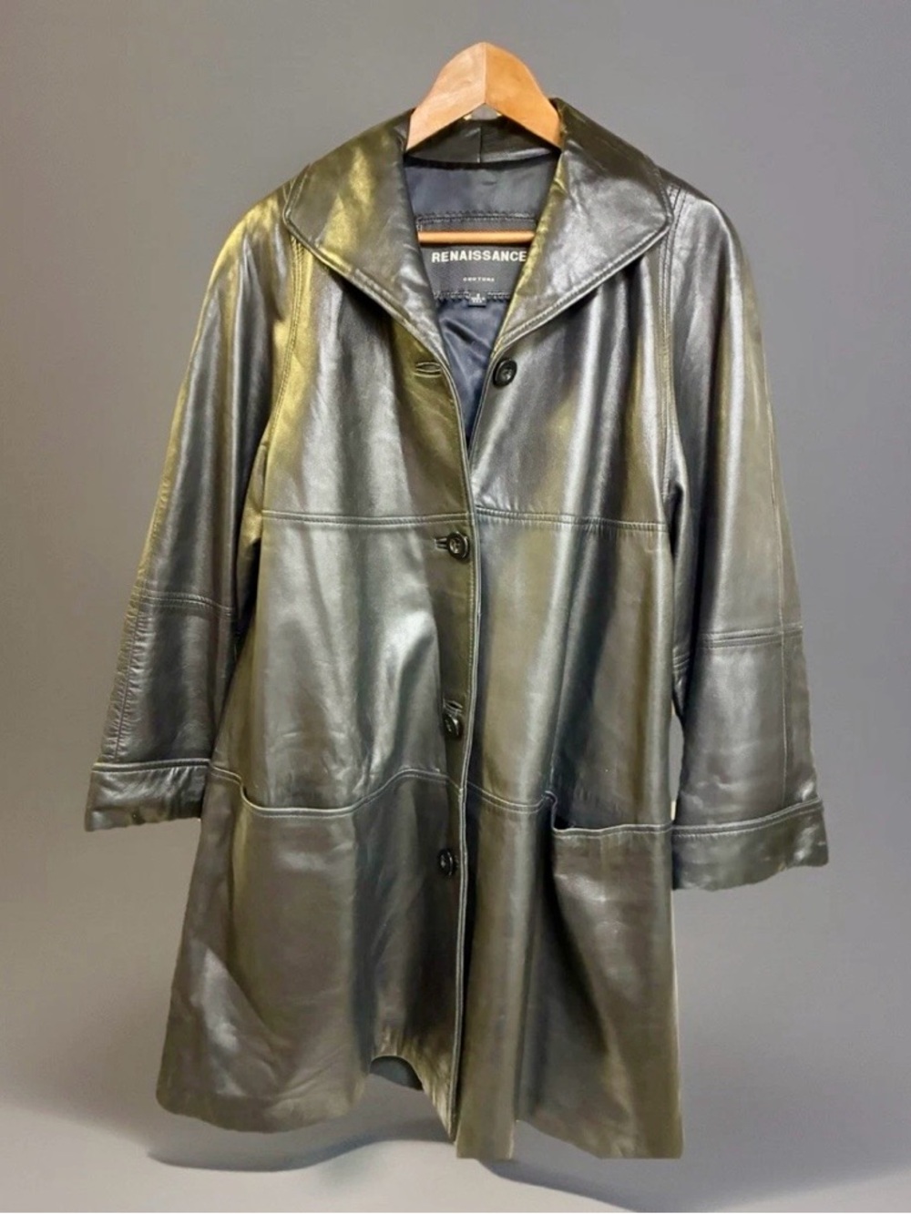 Renaissance Black Lambskin Leather Midi Swing Coat SzS EUC